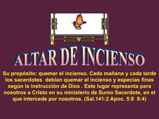 Su propósito: quemar el incienso. Cada mañana y cada tarde
 los sacerdotes debían quemar el incienso y especias finas
  según la instrucción de Dios . Este lugar representa para
nosotros a Cristo en su ministerio de Sumo Sacerdote, en el
    que intercede por nosotros. (Sal.141:2 Apoc. 5:8 8:4)
 