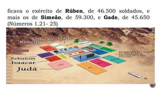 ficava o exército de Rúben, de 46.500 soldados, e
mais os de Simeão, de 59.300, e Gade, de 45.650
(Números 1.21- 25)
 