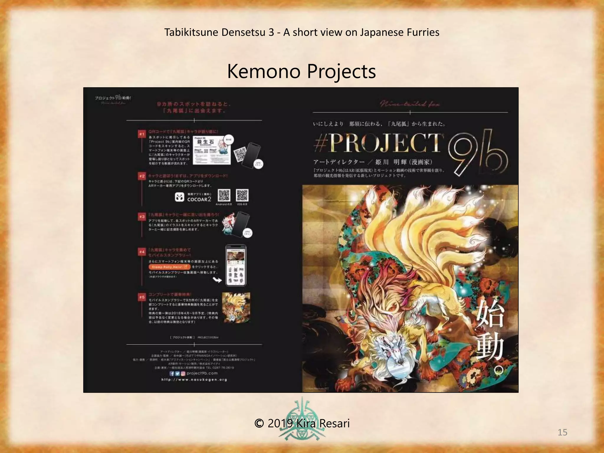15
Kemono Projects
Tabikitsune Densetsu 3 - A short view on Japanese Furries
© 2019 Kira Resari
 