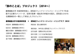 「旅のことば」プロジェクト（2014～）
慶應義塾大学 井庭崇研究室と、認知症フレンドリージャパン・イニシアチブを支
援する企業のメンバーが、従来の医療・福祉系の枠組みを超え、認知症にかかわ
る課題検討の一環として参加したプロジェクト
井庭 崇（慶應義塾大学SFC）
松本 彩（慶應義塾大学SFC）
鎌田 安里紗（慶應義塾大学SFC）
玉置 南歩（慶應義塾大学SFC）
松村 侑（慶應義塾大学SFC）
金子 智紀（慶應義塾大学SFC）
岡田 誠（富士通研究所）
徳田 雄人（NPO法人認知症フレンドシップクラブ）
庄司 昌彦（国際大学GLOCOM）
田中 克明（コクヨS&T株式会社）
奥井 康文（大日本印刷株式会社）
池澤 努（大日本印刷株式会社）
慶應義塾大学 井庭崇研究室 × 認知症フレンドリージャパン・イニシアチブ（DFJI）
 
