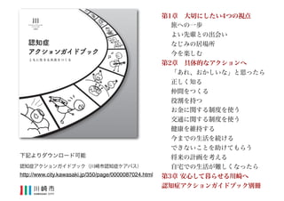 第1章　大切にしたい4つの視点
旅への一歩
よい先輩との出会い
なじみの居場所
今を楽しむ
第2章　具体的なアクションへ
「あれ、おかしいな」と思ったら
正しく知る
仲間をつくる
役割を持つ
お金に関する制度を使う
交通に関する制度を使う
健康を維持する
今までの生活を続ける
できないことを助けてもらう
将来の計画を考える
自宅での生活が難しくなったら
第3章 安心して暮らせる川崎へ
認知症アクションガイドブック別冊
http://www.city.kawasaki.jp/350/page/0000087024.html
下記よりダウンロード可能
認知症アクションガイドブック（川崎市認知症ケアパス）
 