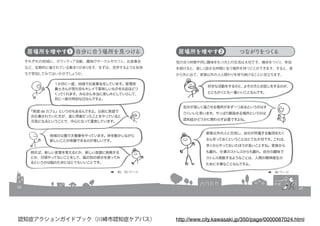 22
居場所を増やす❶ 自分に合う場所を見つける
それぞれの地域に、ボランティア活動、趣味のサークルやカフェ、お食事会
など、定期的に催されている集まりがあります。まずは、見学するような気持
ちで参加してみてはいかがでしょうか。
１か月に一度、地域でお食事会をしています。管理栄
養士さんが見た目もキレイで美味しいものを８品ほどつ
くってくれます。みなさん本当に楽しみにしていらして、
月に一度の特別な日なんですよ。
『英語 de カフェ』 というのもあるんですよ。以前に英語で
お仕事されていた方が、昔に得意だったことをやっていると
元気になるということで、中心になって運営しています。
例えば、新しい言葉を覚えるとか、新しい楽器に挑戦する
とか、日頃やってないことをして、脳の別の部分を使ってみ
るというのは脳のためにはとてもいいことです。
地域の公園で太極拳をやっています。体を動かしながら
新しいことが体験できるのが楽しいです。
➡　40，43 ページ
23
居場所を増やす❷ つながりをつくる
気の合う仲間や同じ趣味をもつ方との交流は大切です。機会をつくり、参加
を続けると、楽しく話せる仲間に会う場所を持つことができます。すると、家
から外に出て、家族以外の人と関わりを持ち続けることに役立ちます。
好きな活動をするのと、よその方とお話しをするのが、
とにもかくにも一番いいことなんです。
自分が楽しく過ごせる場所がまず一つあるというのはす
ごくいいと思います。やっぱり馴染める場所というのは
認知症かどうかに関わらず必要ですよね。
家族以外の人と交流し、自分が所属する集団をたく
さん作っておくということはとても大切です。これは、
早くからやっておいたほうが良いことすね。家族から
も離れ、仕事のストレスからも離れ、自分の趣味で
ストレス発散するようなことは、人間の精神衛生の
ために大事なことなんですよ。
➡　40 ページ
http://www.city.kawasaki.jp/350/page/0000087024.html認知症アクションガイドブック（川崎市認知症ケアパス）
 