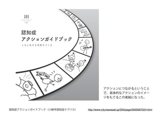 http://www.city.kawasaki.jp/350/page/0000087024.html認知症アクションガイドブック（川崎市認知症ケアパス）
アクションにつながるということ
で、具体的なアクションのイメー
ジをもてるこの表紙になった。
 