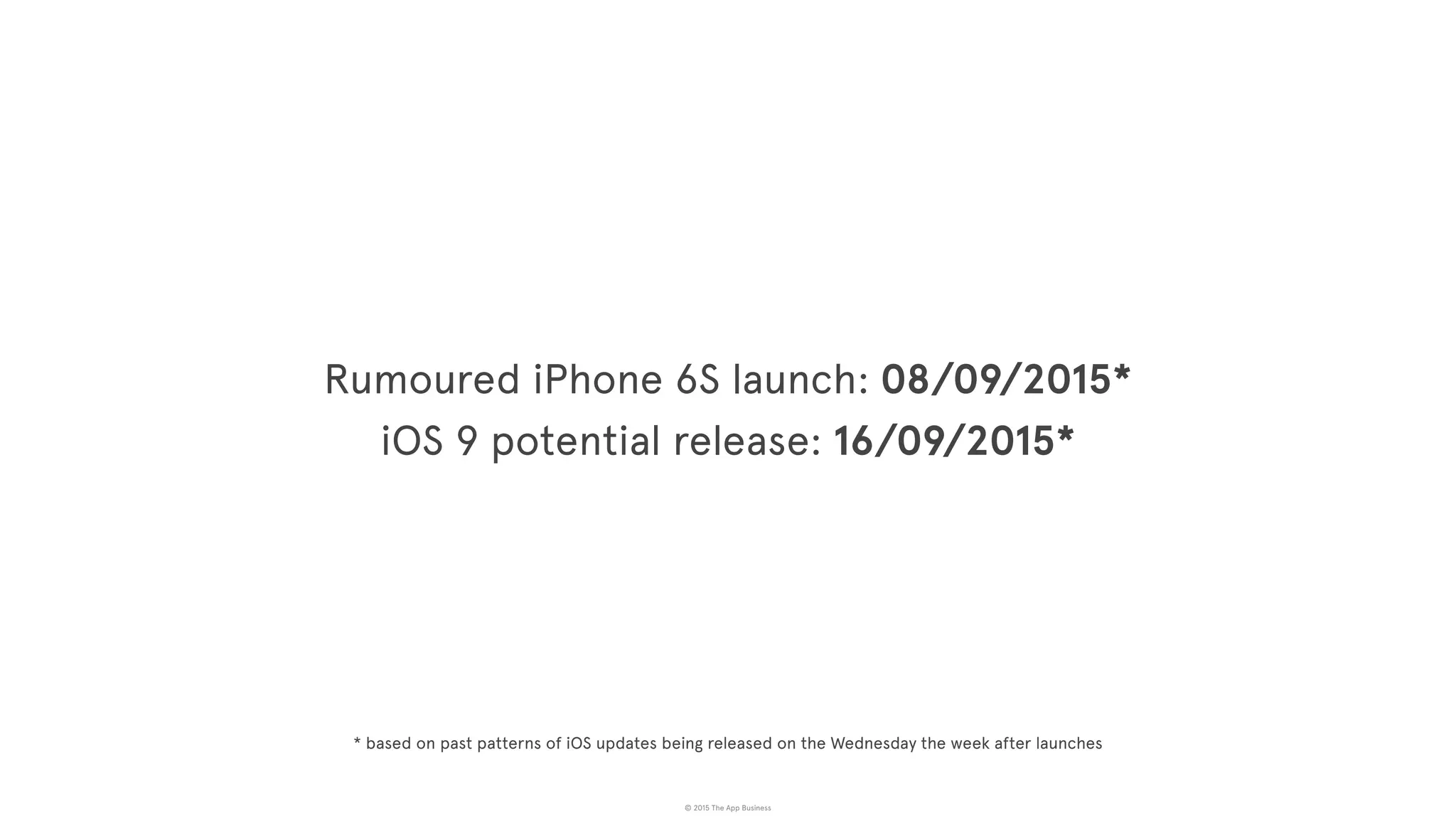 © 2015 The App Business
Rumoured iPhone 6S launch: 08/09/2015*
iOS 9 potential release: 16/09/2015*
* based on past patterns of iOS updates being released on the Wednesday the week after launches
 