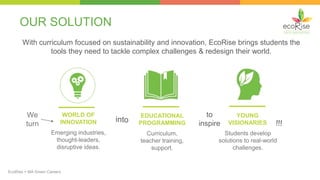 OUR SOLUTION
EDUCATIONAL
PROGRAMMING
Curriculum,
teacher training,
support.
WORLD OF
INNOVATION
Emerging industries,
thoug...