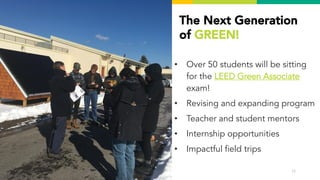 • Over 50 students will be sitting
for the LEED Green Associate
exam!
• Revising and expanding program
• Teacher and student mentors
• Internship opportunities
• Impactful field trips
EcoRise | MA Sustainable Communities & Campuses
Conference | Mar 2019
The Next Generation
of GREEN!
17
 