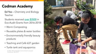 Codman Academy
Ed Yoo – Chemistry and Biology
Teacher
Students received over $3500 in
Eco-Audit Grants from 2016-2018!
• Worm Composting
• Reusable plates & water bottles
• Environmentally friendly beauty
products
• Teaching and Café 637 garden
• Turtle tank and aquaponics
EcoRise | MA Sustainable Communities & Campuses
Conference | Mar 2019
9
 