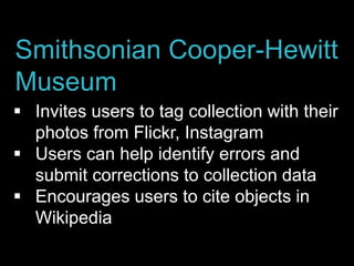  All works accessioned into MoMA’s
collection and catalogued in database
 Title, artist, date, medium, dimensions
 Cultural shift: incomplete & imperfect
records ok
 Live performance: “A Sort of Joy
(Thousands of Exhausted Things”
MoMA
 