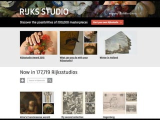  70k artworks, 3.5k artists
 Resulted in Tate data usage “in the
wild,” eg. visualizations, artist rooms,
Tate Explorer
 Blog series Archives & Access: “Open
data brings beauty and insight”
Tate Gallery
 