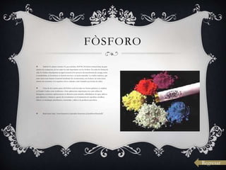  Símbolo P, número atómico 15, peso atómico 30.9738. El fósforo forma la base de gran
número de compuestos, de los cuales los más importantes son los fosfatos. En todas las formas de
vida, los fosfatos desempeñan un papel esencial en los procesos de transferencia de energía, como
el metabolismo, la fotosíntesis, la función nerviosa y la acción muscular. Los ácidos nucleicos, que
entre otras cosas forman el material hereditario (los cromosomas), son fosfatos, así como cierto
número de coenzimas. Los esqueletos de los animales están formados por fosfato de calcio.
 Cerca de tres cuartas partes del fósforo total (en todas sus formas químicas) se emplean
en Estados Unidos como fertilizantes. Otras aplicaciones importantes son como relleno de
detergentes, nutrientes suplementarios en alimentos para animales, ablandadores de agua, aditivos
para alimentos y fármacos, agentes de revestimiento en el tratamiento de superficies metálicas,
aditivos en metalurgia, plastificantes, insecticidas y aditivos de productos petroleros.
 Read more: http://www.lenntech.es/periodica/elementos/p.htm#ixzz1kIxuSnXC
FÒSFORO
Regresar
 