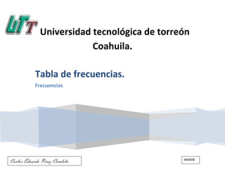 Universidad tecnológica de torreón
                          Coahuila.

            Tabla de frecuencias.
            Frecuencias




Carlos Eduardo Pérez Candela.                 04/03/12
 