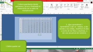1.Debio quedar así
2.Ahora guardamos donde
queramos y ya se a finalizado la
elaboración de la tabla de
multiplicación
3. ¿Que aprendimos ?
Aprendimos a dar un relleno, a dar
bordes a las celdas, modificar el alto
y ancho de las filas y columnas, a
dar una secuencia de números
 