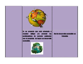 Es un proyecto que está orientado a
resolver mitigar y/o prevenir las
problemáticas de carácter ambiental,
con el propósito de lograr un desarrollo
sostenible.
Red de desarrollo sostenible en
Colombia
 