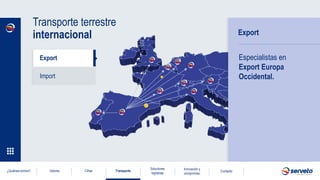Flujos de carga
completa desde
Europa, hacia
España y Francia.
Transporte terrestre
internacional Import
Export
Import
¿Qu...