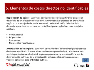 5. Elementos de costos directos no identificables 
Depreciación de activos: Es el valor calculado de uso de un activo fijo durante el 
desarrollo de un procedimiento administrativo o servicio prestado en exclusividad 
según un porcentaje de depreciación anual. La determinación del valor de la 
depreciación se basa en las normas contables vigentes aplicables para entidades 
públicas. 
• Computadoras 
• PC portátiles 
• Impresoras 
• Mesas, sillas y archivadores 
Amortización de intangibles: Es el valor calculado de uso de un intangible (licencias 
de software) utilizado durante el desarrollo de un procedimiento administrativo o 
servicio prestado en exclusividad, según un porcentaje de amortización anual. La 
determinación del valor de la amortización se basa en las normas contables 
vigentes aplicables para entidades públicas. 
 