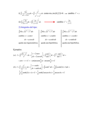 i)
x
x x
dx
x
x x
dx
6
23
1
6
1
2
2
3+
=
+
∫ ∫ como m.c.m.(6,2,3)=6 cambio t x6
=
ii)
2
1
2
1
1
2x
x
dx
x
x
dx
+
=
+





∫ ∫ cambio t
x
x
2 2
=
1+
2) Integrales del tipo:
R x a x dx( , )2 2
−∫ R x a x dx( , )2 2
+∫ R x x a dx( , )2 2
−∫
cambio: x a= sen t cambio: x a t= senh cambio: x a t= cosh
dx a tdt= cos dx a tdt= cosh
queda una trigonométrica. queda una hiperbólica. queda una hiperbólica.
dx a tdt= senh
Ejemplos:
( )
sen
cos
cos
sen
sen
sen
cot cot(arcsen( )) arcsen( )
a I
x
x
dx
x t
dx tdt
t
t
dt
t
t
dt
t t C
x x
C
=
−
=
=
=





 = =
−
=
− − + = − − +
∫∫ ∫
4 2
2
1
2 2
2
2
2
2
2
2
( )
cosh
senh
cosh (cosh( ) )
( senh( ) ) senh( arccos ) arccos
b I
x
x
dx
x t
dx tdt
tdt t dt
t t C hx hx C
=
−
=
=
=





 = = +
+ + = + +
∫∫ ∫
2
2
2
1
1
2
2 1
1
2
1
2
2
1
4
2
1
2
=
 