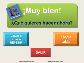 www.familiaycole.com www.jesusjarque.com
¡Muy bien!
¿Qué quieres hacer ahora?
Volver a
repasar
REPETIR
Elegir
tabla
SALIR
 