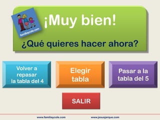 www.familiaycole.com www.jesusjarque.com
¡Muy bien!
¿Qué quieres hacer ahora?
Volver a
repasar
la tabla del 4
Elegir
tabla
Pasar a la
tabla del 5
SALIR
 