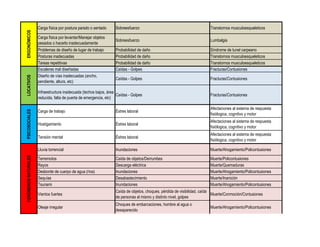 Carga física por postura parado o sentado Sobreesfuerzo Transtornos musculoesqueleticos
Carga física por levantar/Manejar objetos
pesados o hacerlo inadecuadamente
Sobreesfuerzo Lumbalgia
Problemas de diseño de lugar de trabajo Probabilidad de daño Síndrome de tunel carpeano
Posturas inadecuadas Probabilidad de daño Transtornos musculoesqueleticos
Tareas repetitivas Probabilidad de daño Transtornos musculoesqueleticos
Escaleras mal diseñadas Caídas - Golpes Fracturas/Contusiones
Diseño de vías inadecuadas (ancho,
pendiente, altura, etc)
Caídas - Golpes Fracturas/Contusiones
Infraestructura inadecuada (techos bajos, área
reducida, falta de puerta de emergencia, etc)
Caídas - Golpes Fracturas/Contusiones
Carga de trabajo Éstres laboral
Afectaciones al sistema de respuesta
fisiólogica, cognitivo y motor
Hostigamiento Éstres laboral
Afectaciones al sistema de respuesta
fisiólogica, cognitivo y motor
Tensión mental Éstres laboral
Afectaciones al sistema de respuesta
fisiólogica, cognitivo y motor
Lluvia torrencial Inundaciones Muerte/Ahogamiento/Policontusiones
Terremotos Caída de objetos/Derrumbes Muerte/Policontusiones
Rayos Descarga eléctrica Muerte/Quemaduras
Desborde de cuerpo de agua (ríos) Inundaciones Muerte/Ahogamiento/Policontusiones
Sequías Desabastecimiento Muerte/Inanición
Tsunami Inundaciones Muerte/Ahogamiento/Policontusiones
Vientos fuertes
Caída de objetos, choques, pérdida de visibilidad, caída
de personas al mismo y distinto nivel, golpes
Muerte/Conmoción/Contusiones
Oleaje irregular
Choques de embarcaciones, hombre al agua o
desaparecido
Muerte/Ahogamiento/Policontusiones
ERGONÓMICOSLOCATIVOSPSICOSOCIALESFENÓMENOSNATURALES
 