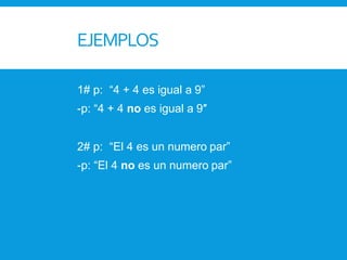 EJEMPLOS
1# p: “4 + 4 es igual a 9”
-p: “4 + 4 no es igual a 9″
2# p: “El 4 es un numero par”
-p: “El 4 no es un numero par”
 