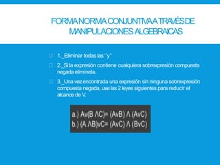FORMANORMACONJUNTIVAATRAVÉSDE
MANIPULACIONESALGEBRAICAS
1._Eliminar todas las‘’y’’
2._Sila expresión contiene cualquiera sobrexpresión compuesta
negada elimínela.
3._Una vezencontrada una expresión sin ninguna sobrexpresión
compuesta negada, uselas 2 leyes siguientes para reducir el
alcance de V.
 