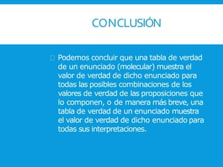 CONCLUSIÓN
Podemos concluir que una tabla de verdad
de un enunciado (molecular) muestra el
valor de verdad de dicho enunciado para
todas las posibles combinaciones de los
valores de verdad de las proposiciones que
lo componen, o de manera más breve, una
tabla de verdad de un enunciado muestra
el valor de verdad de dicho enunciado para
todas sus interpretaciones.
 