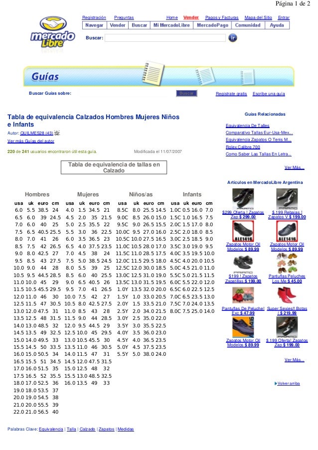 Tabla Equivalencia Calzados Hom Y Muj