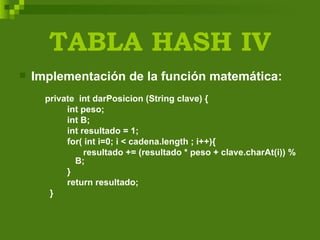 TABLA HASH IV Implementación de la función matemática: private  int darPosicion (String clave) { int peso; int B; int resultado = 1; for( int i=0; i < cadena.length ; i++){ resultado += (resultado * peso + clave.charAt(i)) % B; }  return resultado; } 