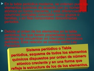  En la tabla periódica moderna, se ordenan pues los 
elementos químicos de acuerdo con su número 
atómico en forma creciente, y está diferenciada en 
columnas verticales conocidas como grupos o 
familias, y en filas horizontales denominadas 
periodos. 
 Debido al orden de los elementos en la tabla 
periódica, los que tienen propiedades químicas 
similares se encuentran en intervalos periódicos 
definidos. Esta relación se conoce como Ley 
Periódica. 
Sistema periódico o Tabla 
periódica, esquema de todos los elementos 
químicos dispuestos por orden de número 
atómico creciente y en una forma que 
refleja la estructura de los de los elementos. 
 