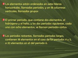Los elementos están ordenados en siete hileras horizontales, llamadas periodos, y en 18 columnas verticales, llamadas grupos El primer periodo, que contiene dos elementos, el hidrógeno y el helio, y los dos periodos siguientes, cada uno con ocho elementos, se llaman periodos cortos.  Los periodos restantes, llamados periodos largos, contienen 18 elementos en el caso de los periodos 4 y 5, o 32 elementos en el del periodo 6. 