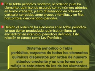 En la tabla periódica moderna, se ordenan pues los elementos químicos de acuerdo con su número atómico en forma creciente, y está diferenciada en columnas verticales conocidas como grupos o familias, y en filas horizontales denominadas periodos. Debido al orden de los elementos en la tabla periódica, los que tienen propiedades químicas similares se encuentran en intervalos periódicos definidos. Esta relación se conoce como Ley Periódica. Sistema periódico o Tabla periódica, esquema de todos los elementos químicos dispuestos por orden de número atómico creciente y en una forma que refleja la estructura de los de los elementos. 