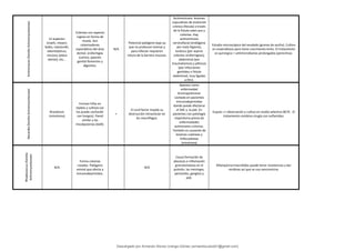 Actinomyces
(familia
Actinomycetaceae)
12 especies:
israelii, meyeri,
bobis, naeslundii,
odontolyticus,
viscosus (placa
dental), etc...
Colonias con aspecto
rugoso en forma de
muela. Son
colonizadores
esporádicos del área
dental, orofaríngea
(caries), aparato
genital femenino y
digestivo.
N/A
Potencial patógeno bajo ya
que no producen toxinas y
para infectar requieren
rotura de la barrera mucosa.
Actinomicosis: lesiones
supurativas de evolución
crónica (fistula) a través
de la fistula salen pus y
colonias. Hay
actinomicosis
cervicofacial (endógena
por mala higiene),
torácica (por aspirar
colonias orofaringeas),
abdominal (por
traumatismos) y pélvicas
(por infecciones
genitales o fistula
abdominal, muy ligadas
a DIU).
Estudio microscópico del exudado (granos de azufre). Cultivo
en anaerobiosis pero tiene crecimiento lento. El tratamiento
es quirúrgico + antimicrobianos prolongados (penicilina).
Nocardia
(familia
Actinomycetaceae)
Brasilensis
(micetoma)
Forman hifas en
tejidos y cultivos (se
los puede confundir
con hongos). Pared
similar a las
micobacterias (AAR).
+
El cord factor impide su
destrucción intracelular en
los macrófagos.
Aparece como
enfermedad
broncopulmonar
cavitada en pacientes
inmunodeprimidos
donde puede afectarse
el SNC y la piel. En
pacientes con patología
respiratoria previa da
enfermedades
pulmonares crónicas.
También es causante de
lesiones cutáneas y
linfocutáneas
(micetoma)
Esputo => observación y cultivo en medio selectivo BCYE . El
tratamiento combina cirugía con sulfamidas.
Rhodococcus
(familia
Actinomycetaceae)
N/A
Forma colonias
rosadas. Patógeno
animal que afecta a
inmunodeprimidos.
N/A
Causa formación de
abscesos e inflamación
granulomatosa en el
pulmón, las meninges,
pericardio, ganglios y
piel.
Rifampicina+macrólidos puede tener resistencias y dar
recidivas así que se usa vancomicina.
Descargado por Armando Alonso Uranga Gómez (armandocubos01@gmail.com)
lOMoARcPSD|6504144
 
