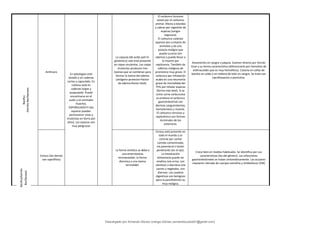 Bacillus
(familia
Bacillaceae)
Anthracis
En patologías está
aislado y en cadenas
cortas y capsulado. En
cultivos está en
cadenas largas y
acapsulado. Puede
encontrarse en el
suelo y en animales
muertos.
ESPORULADO!!! (las
esporas pueden
permanecer vivas y
virulentas en tierra por
años). Las esporas son
muy peligrosas
La capsula (de acido poli-D-
glutámico) solo está presente
en cepas virulentas. Las cepas
virulentas producen tres
toxinas que se combinan para
formar la toxina del edema
(antígeno protector+factor
de edema+factor letal).
El carbunco humano
existe por el carbunco
animal. Afecta a bóvidos
y cabras por ingestión de
esporas (sangre
negruzca).
El carbunco cutáneo
aparece por contacto de
animales y da una
pústula maligna que
puede curarse (sin
edema) o puede llevar a
la muerte por
septicemia. También da
edemas malignos de
pronóstico muy grave. El
carbunco por inhalación
acaba en una neumonía
grave de mortalidad del
75% por inhalar esporas
(forma más letal). Si se
come carne carbuncosa
se produce el carbunco
gastrointestinal con
diarreas sanguinolentas,
hematemesis y muerte.
El carbunco nervioso y
septicémico son formas
terminales de los
anteriores.
Aislamiento en sangre o pápula. Examen directo por tinción
Gran y su forma característica (diferenciarlo por hemolisis de
anthracoides que es muy hemolítico). Colonia en cañas de
bambú en caldo y en melena de león en sangre. Se trata con
ciprofloxacino o penicilina.
Cereus (los demás
son saprófitos)
La forma emética se debe a
una enterotoxina
termoestable, la forma
diarreica a una toxina
termolábil.
Cereus está presente en
todo el mundo y se
contrae por comer
comida contaminada,
vía parenteral o lesión
penetrante (en el ojo).
La intoxicación
alimentaria puede ser
emética (vía arroz, con
vómitos) o diarreica (vía
carnes y vegetales, con
diarrea). Los cuadros
digestivos son benignos
pero la panoftalmitis es
muy maligna.
Crece bien en medios habituales. Se identifica por sus
características (las del género). Las infecciones
gastrointestinales se tratan sintomáticamente. Las oculares
requieren retirada de cuerpos extraños y Antibióticos (VM)
Bacillus(familia
Bacillaceae)
Descargado por Armando Alonso Uranga Gómez (armandocubos01@gmail.com)
lOMoARcPSD|6504144
 