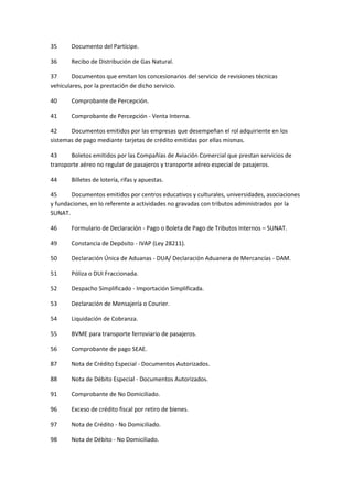 35 Documento del Partícipe.
36 Recibo de Distribución de Gas Natural.
37 Documentos que emitan los concesionarios del servicio de revisiones técnicas
vehiculares, por la prestación de dicho servicio.
40 Comprobante de Percepción.
41 Comprobante de Percepción - Venta Interna.
42 Documentos emitidos por las empresas que desempeñan el rol adquiriente en los
sistemas de pago mediante tarjetas de crédito emitidas por ellas mismas.
43 Boletos emitidos por las Compañías de Aviación Comercial que prestan servicios de
transporte aéreo no regular de pasajeros y transporte aéreo especial de pasajeros.
44 Billetes de lotería, rifas y apuestas.
45 Documentos emitidos por centros educativos y culturales, universidades, asociaciones
y fundaciones, en lo referente a actividades no gravadas con tributos administrados por la
SUNAT.
46 Formulario de Declaración - Pago o Boleta de Pago de Tributos Internos – SUNAT.
49 Constancia de Depósito - IVAP (Ley 28211).
50 Declaración Única de Aduanas - DUA/ Declaración Aduanera de Mercancías - DAM.
51 Póliza o DUI Fraccionada.
52 Despacho Simplificado - Importación Simplificada.
53 Declaración de Mensajería o Courier.
54 Liquidación de Cobranza.
55 BVME para transporte ferroviario de pasajeros.
56 Comprobante de pago SEAE.
87 Nota de Crédito Especial - Documentos Autorizados.
88 Nota de Débito Especial - Documentos Autorizados.
91 Comprobante de No Domiciliado.
96 Exceso de crédito fiscal por retiro de bienes.
97 Nota de Crédito - No Domiciliado.
98 Nota de Débito - No Domiciliado.
 