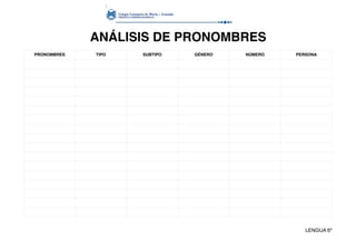 ANÁLISIS DE PRONOMBRES
PRONOMBRES TIPO SUBTIPO GÉNERO NÚMERO PERSONA
LENGUA 6º
 
