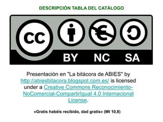 DESCRIPCIÓN TABLA DEL CATÁLOGO
Presentación en "La bitácora de ABIES" by
http://abiesbitacora.blogspot.com.es/ is licensed
under a Creative Commons Reconocimiento-
NoComercial-CompartirIgual 4.0 Internacional
License.
«Gratis habéis recibido, dad gratis» (Mt 10,8)
 