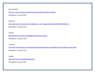 Dominio público
http://www.cavsi.com/preguntasrespuestas/que-es-software-de-dominio-publico/
Recuperado: 21 de junio 2015
Semi libre
http://www.diclib.com/cgi-bin/d1.cgi?l=es&base=es_wiki_10&page=showid&id=39833#.VYjOzEbKODk
Recuperado: 21 de junio 2015
Privativo
https://jalvarezm.wordpress.com/2006/09/30/el-software-privativo/
Recuperado: 21 de junio 2015
comercial
http://www.informatica-hoy.com.ar/aprender-informatica/Diferencias-entre-Software-Libre-y-Software-Comercial.php
Recuperado: 21 de junio 2015
copyleft
https://www.gnu.org/copyleft/copyleft.es.html
Recuperado: 21 de junio 2015
 