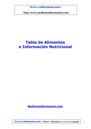 Medicinainformacion.com ©

        http://www.medicinainformacion.com/




       Tabla de Alimentos
    e Información Nutricional




             Medicinainformacion.com




Medicinainformacion.com – Libros y Manuales gratuitos en español   1
 