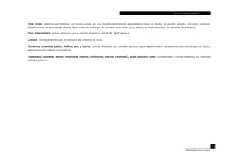 INSTITUTO NACIONAL DE SALUD
11
Instituto Nacional de Salud
Fibra cruda: obtenida por hidrólisis con ácido y soda, en una muestra previamente desgrasada y luego el residuo es secado, pesado, calcinado y pesado.
Actualmente no se recomienda obtener fibra cruda, sin embargo, se mantiene en la tabla como referencia, hasta actualizar los datos de fibra dietaria.
Fibra dietaria total: valores obtenidos por el método enzimático del AOAC de Proski et al.
Cenizas: valores obtenidos por incineración del alimento en mufla.
Elementos minerales (calcio, fósforo, zinc y hierro): valores obtenidos por métodos químicos y por espectrometría de absorción atómica excepto el fósforo,
determinado por método colorimétrico.
Vitaminas (β caroteno, retinol, vitamina A, tiamina, riboflavina, niacina, vitamina C, ácido ascórbico total): corresponden a valores obtenidos por diferentes
métodos químicos.
 