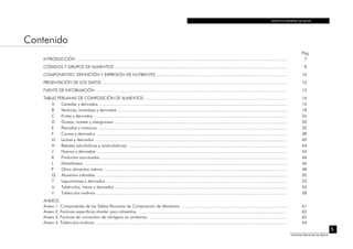 INSTITUTO NACIONAL DE SALUD
5
Instituto Nacional de Salud
Contenido
Pág.
INTRODUCCIÓN ............................................................................................................................................................................... 	 7
CÓDIGOS Y GRUPOS DE ALIMENTOS ................................................................................................................................................ 	 9
COMPONENTES: DEFINICIÓN Y EXPRESIÓN DE NUTRIENTES ............................................................................................................. 	 10
PRESENTACIÓN DE LOS DATOS .......................................................................................................................................................... 	 12
FUENTE DE INFORMACIÓN ............................................................................................................................................................... 	 13
TABLAS PERUANAS DE COMPOSICIÓN DE ALIMENTOS ....................................................................................................................... 	 14
A	 Cereales y derivados ............................................................................................................................................................. 	 14
B	 Verduras, hortalizas y derivados ............................................................................................................................................. 	 18
C	 Frutas y derivados ................................................................................................................................................................. 	 24
D	 Grasas, aceites y oleaginosas ................................................................................................................................................ 	 30
E	 Pescados y mariscos ............................................................................................................................................................. 	 32
F	 Carnes y derivados ............................................................................................................................................................... 	 38
G	 Leches y derivados ................................................................................................................................................................ 	 42
H	 Bebidas (alcohólicas y analcohólicas) ..................................................................................................................................... 	 44
J	 Huevos y derivados ............................................................................................................................................................... 	 44
K	 Productos azucarados ........................................................................................................................................................... 	 46
L	 Misceláneos ......................................................................................................................................................................... 	 46
	 P	 Otros alimentos nativos ......................................................................................................................................................... 	 48
Q	 Alimentos infantiles ............................................................................................................................................................... 	 50
T	 Leguminosas y derivados ....................................................................................................................................................... 	 52
U	 Tubérculos, raíces y derivados ................................................................................................................................................ 	 56
V	 Tubérculos andinos ............................................................................................................................................................... 	 58
ANEXOS
Anexo 1. Componentes de las Tablas Peruanas de Composición de Alimentos. ........................................................................................ 	 61
Anexo 2. Factores específicos atwater para alimentos. ............................................................................................................................ 	 62
Anexo 3. Factores de conversión de nitrógeno en proteínas. ................................................................................................................... 	 63
Anexo 4. Tubérculos andinos. ............................................................................................................................................................... 	 64
 