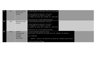 13 Ren Cambiael nombre
de uno o más
archivos.
14 Del Eliminaunoo más
archivos.
15 Help muestra
informaciónde
ayudadel
comando
especificado.
 