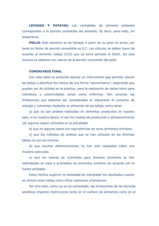 LECHUGA Y PATATAS: Las cantidades de alimento anotadas
corresponden a la porción comestible del alimento. Es decir, peso neto, sin
desperdicio.
POLLO: Este alimento se ha tomado a partir de su peso en bruto, por
tanto su factor de porción comestible es 0,7. Los cálculos se deben hacer de
acuerdo al alimento código (215) que ya tiene aplicado el factor. De esta
manera se obtienen los valores de la porción comestible del pollo.
COMENTARIO FINAL
Con esta tabla se pretende aportar un instrumento que permita valorar
las dietas o planificar los menús de una forma "aproximativa", esperando que
puedan ser de utilidad en la práctica, para la realización de dietas tanto para
individuos y colectividades sanas como enfermas. Son diversas las
limitaciones que deberían ser consideradas al interpretar el consumo de
energía y nutrientes mediante la utilización de las tablas, entre otras:
a) que no son análisis realizados en alimentos producidos en nuestro
país, ni en nuestra época, ni con los medios de producción y almacenamiento
(en algunos casos) utilizados en la actualidad
b) que en algunos casos son equivalencias de otros alimentos similares
c) que los métodos de análisis que se han utilizado en las diversas
tablas no son los mismos
d) que muchas determinaciones no han sido realizadas sobre una
muestra adecuada
e) que los valores de nutrientes para diversos alimentos se han
redondeado en base a promedios de alimentos similares de acuerdo con la
fuente señalada.
Estos hechos sugieren la necesidad de interpretar los resultados cuando
se utilicen estas tablas como cifras solamente orientativas.
Por otro lado, como ya se ha comentado, las limitaciones de las técnicas
analíticas imponen restricciones tanto en el número de alimentos como en el
 