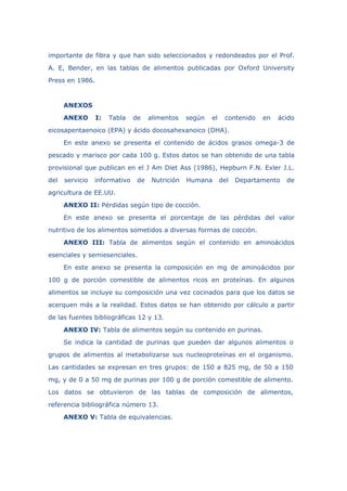 importante de fibra y que han sido seleccionados y redondeados por el Prof.
A. E, Bender, en las tablas de alimentos publicadas por Oxford University
Press en 1986.
ANEXOS
ANEXO I: Tabla de alimentos según el contenido en ácido
eicosapentaenoico (EPA) y ácido docosahexanoico (DHA).
En este anexo se presenta el contenido de ácidos grasos omega-3 de
pescado y marisco por cada 100 g. Estos datos se han obtenido de una tabla
provisional que publican en el J Am Diet Ass (1986), Hepburn F.N. Exler J.L.
del servicio informativo de Nutrición Humana del Departamento de
agricultura de EE.UU.
ANEXO II: Pérdidas según tipo de cocción.
En este anexo se presenta el porcentaje de las pérdidas del valor
nutritivo de los alimentos sometidos a diversas formas de cocción.
ANEXO III: Tabla de alimentos según el contenido en aminoácidos
esenciales y semiesenciales.
En este anexo se presenta la composición en mg de aminoácidos por
100 g de porción comestible de alimentos ricos en proteínas. En algunos
alimentos se incluye su composición una vez cocinados para que los datos se
acerquen más a la realidad. Estos datos se han obtenido por cálculo a partir
de las fuentes bibliográficas 12 y 13.
ANEXO IV: Tabla de alimentos según su contenido en purinas.
Se indica la cantidad de purinas que pueden dar algunos alimentos o
grupos de alimentos al metabolizarse sus nucleoproteínas en el organismo.
Las cantidades se expresan en tres grupos: de 150 a 825 mg, de 50 a 150
mg, y de 0 a 50 mg de purinas por 100 g de porción comestible de alimento.
Los datos se obtuvieron de las tablas de composición de alimentos,
referencia bibliográfica número 13.
ANEXO V: Tabla de equivalencias.
 