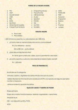 PARTES DE LA TARJETA MADRE.


      PCI                                    Chipset Puente Sur             SATA
      AGP                                    Panel Frontal                  PATAI DE
      ZocaloZoket                           USB (externas)                 FDD
      CNR                                    Audio                          Transistor
      Pila                                   Speaker                        Capacitor
      BI OS                                  CMOS                           Bobina
      Slot RAM                               I SA                           CL
      Alimentación auxilias                  Sys FAN                        Puertos
      Chipset Puente Norte                   Modelo                         Jumper


                                                  TARJETA MADRE.
             Placa Ate
             Placa Baby

1,333 MHz era su soporte y su v elocidad era de 1200 MHz.

   1. ¿Cuánto mide la memoria Baby Ate ancho y profundidad?

           R= 216 milímetros – ancho

              244 a 330 mm - profundidad

   2. ¿Qué desv entaja tiene la Ate?

           R= Tener gran numero de cables, que no permiten la v elocidad

   3. ¿Cuánto soporta y cuál es la v elocidad de la tarjeta madre reandi?

           R= 1,333 MHz

                                              TIPOS DE PERIFERICOS.



   Se div iden en 5 categorías.

   -Entrada: captan y digitalizan los datos introducidos por el usuario.

   -Salida: Reciben la información procesada por el CPU y la reproducen algunos ejemplos:
   monitor e impresora.

   -Almacenamiento: guardan los daños.

                                  TipOS DE CABLES Y FUENTES DE PODER

   Etapa primaria:

   Etapa secundaria: Transformadores, bobinas, reguladores, capacitores.

   TI POS DE FAJA:

   I DE – con dispositiv os ATA y PATA.

   ACSI
 