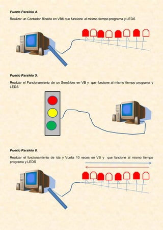 Puerto Paralelo 4.

Realizar un Contador Binario en VB6 que funcione al mismo tiempo programa y LEDS




Puerto Paralelo 5.

Realizar el Funcionamiento de un Semáforo en VB y que funcione al mismo tiempo programa y
LEDS




Puerto Paralelo 6.

Realizar el funcionamiento de ida y Vuelta 10 veces en VB y que funcione al mismo tiempo
programa y LEDS
 
