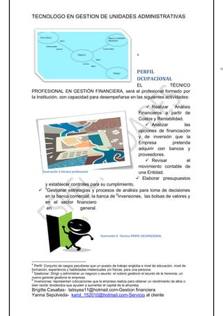 TECNOLOGO EN GESTION DE UNIDADES ADMINISTRATIVAS




                                                                       4



                                                                                                           Ilu
                                                                       PERFIL
                                                                       OCUPACIONAL
                                                   EL               TÉCNICO
PROFESIONAL EN GESTIÓN FINANCIERA, será el profesional formado por
la Institución, con capacidad para desempeñarse en las siguientes actividades:

                                                                            Realizar Análisis
                                                                       Financieros a partir de
                                                                       Costos y Rentabilidad.
                                                                           Analizar          las
                                                                       opciones de financiación
                                                                       y de inversión que la
                                                                       Empresa         pretenda
                                                                       adquirir con bancos y
                                                                       proveedores.
                                                                           Revisar             el
                                                                       movimiento contable de
       Ilustración 5 técnico profesional                               una Entidad.
                                                                       Elaborar presupuestos
      y establecer controles para su cumplimiento.
     5Gestionar estrategias y procesos de análisis para toma de decisiones
      en la banca comercial, la banca de 6inversiones, las bolsas de valores y
      en el sector financiero
       en               general.




                                              Ilustración 6 Técnico PERFIL OCUPACIONAL




4
  Perfil: Conjunto de rasgos peculiares que un puesto de trabajo engloba a nivel de educación, nivel de
formación, experiencia y habilidades intelectuales y/o físicas, para una persona;
5
  Gestionar: Dirigir y administrar un negocio o asunto: el notario gestionó el asunto de la herencia; un
nuevo gerente gestiona la empresa.
6
  Inversiones: representan colocaciones que la empresa realiza para obtener un rendimiento de ellos o
bien recibir dividendos que ayuden a aumentar el capital de la empresa.
Brigitte Casallas- tatisyea11@hotmail.com-Gestion financiera
Yanna Sepúlveda- karol_152010@hotmail.com-Servicio al cliente
 