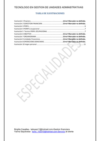 TECNOLOGO EN GESTION DE UNIDADES ADMINISTRATIVAS

                                         TABLA DE ILUSTRACIONES


Ilustración 1 finaciera ................................................................... ¡Error! Marcador no definido.
Ilustración 2 GERESTION FINANCIERA .......................................... ¡Error! Marcador no definido.
Ilustración 3 PERFIL ................................................................................................................... 6
Ilustración 4 PERRFIL ocupacional ............................................................................................. 7
Ilustración 5 Tecnico PERFIL OCUPACIONAL ............................................................................. 7
Ilustración 6 OBJETIVO ................................................................. ¡Error! Marcador no definido.
Ilustración 7 ORGANIGRAMA ....................................................... ¡Error! Marcador no definido.
Ilustración 9 Unidades Financieras ............................................... ¡Error! Marcador no definido.
Ilustración 8 OPERACIONES BANCARIAS ....................................... ¡Error! Marcador no definido.
Ilustración 10 imgen personal ................................................................................................. 11




Brigitte Casallas- tatisyea11@hotmail.com-Gestion financiera
Yanna Sepúlveda- karol_152010@hotmail.com-Servicio al cliente
 