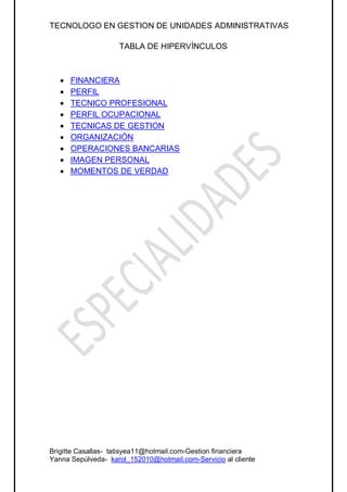 TECNOLOGO EN GESTION DE UNIDADES ADMINISTRATIVAS

                    TABLA DE HIPERVÍNCULOS



      FINANCIERA
      PERFIL
      TECNICO PROFESIONAL
      PERFIL OCUPACIONAL
      TECNICAS DE GESTION
      ORGANIZACIÓN
      OPERACIONES BANCARIAS
      IMAGEN PERSONAL
      MOMENTOS DE VERDAD




Brigitte Casallas- tatisyea11@hotmail.com-Gestion financiera
Yanna Sepúlveda- karol_152010@hotmail.com-Servicio al cliente
 