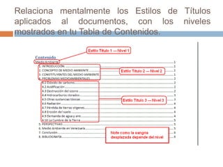 Relaciona mentalmente los Estilos de Títulos aplicados al documentos, con los niveles mostrados en tu Tabla de Contenidos. 