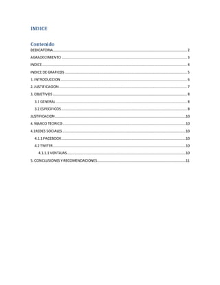 INDICE
Contenido
DEDICATORIA............................................................................................................................ 2
AGRADECIMIENTO .................................................................................................................... 3
INDICE...................................................................................................................................... 4
INDICE DE GRAFICOS ................................................................................................................. 5
1. INTRODUCCION..................................................................................................................... 6
2. JUSTIFICACION ...................................................................................................................... 7
3. OBJETIVOS ............................................................................................................................ 8
3.1 GENERAL ......................................................................................................................... 8
3.2 ESPECIFICOS .................................................................................................................... 8
JUSTIFICACION.........................................................................................................................10
4. MARCO TEORICO..................................................................................................................10
4.1REDES SOCIALES ..................................................................................................................10
4.1.1 FACEBOOK...................................................................................................................10
4.2 TWITER...........................................................................................................................10
4.1.1.1 VENTAJAS..............................................................................................................10
5. CONCLUSIONES Y RECOMENDACIONES..................................................................................11
 